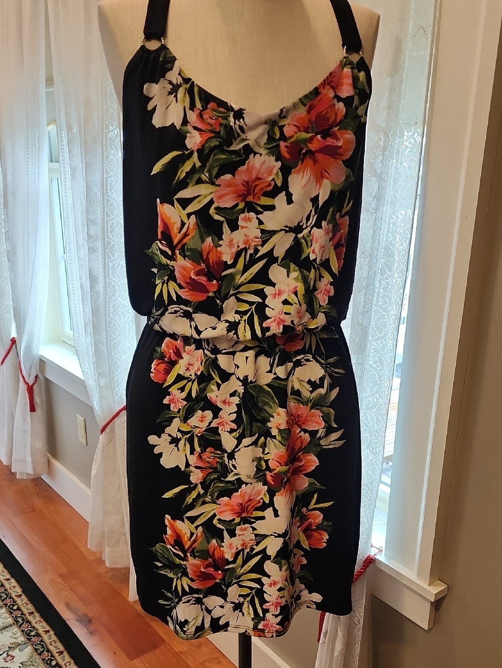 Black Floral Halter Mini Dress with Coral Bloom Print